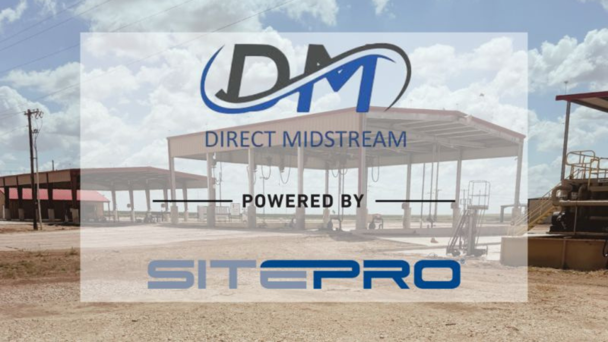Direct Midstream saltwater-disposal site with SitePro automation branding in a Permian Basin facility.