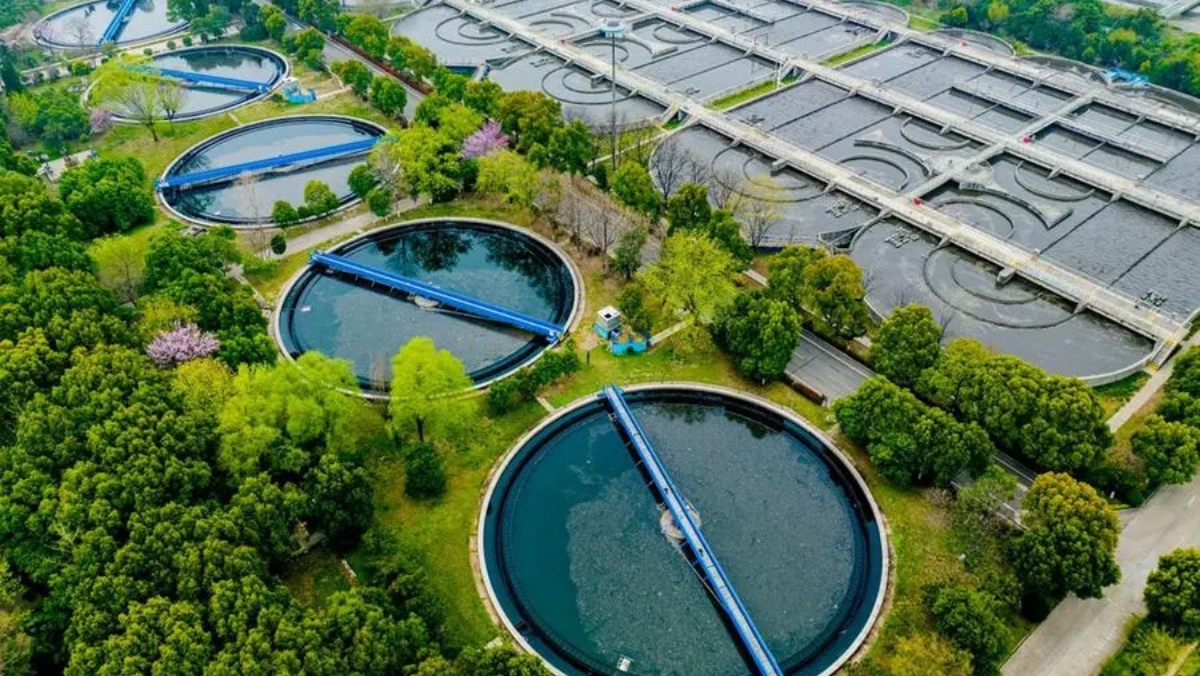 Aerial view of wastewater treatment facility managing shale water operations