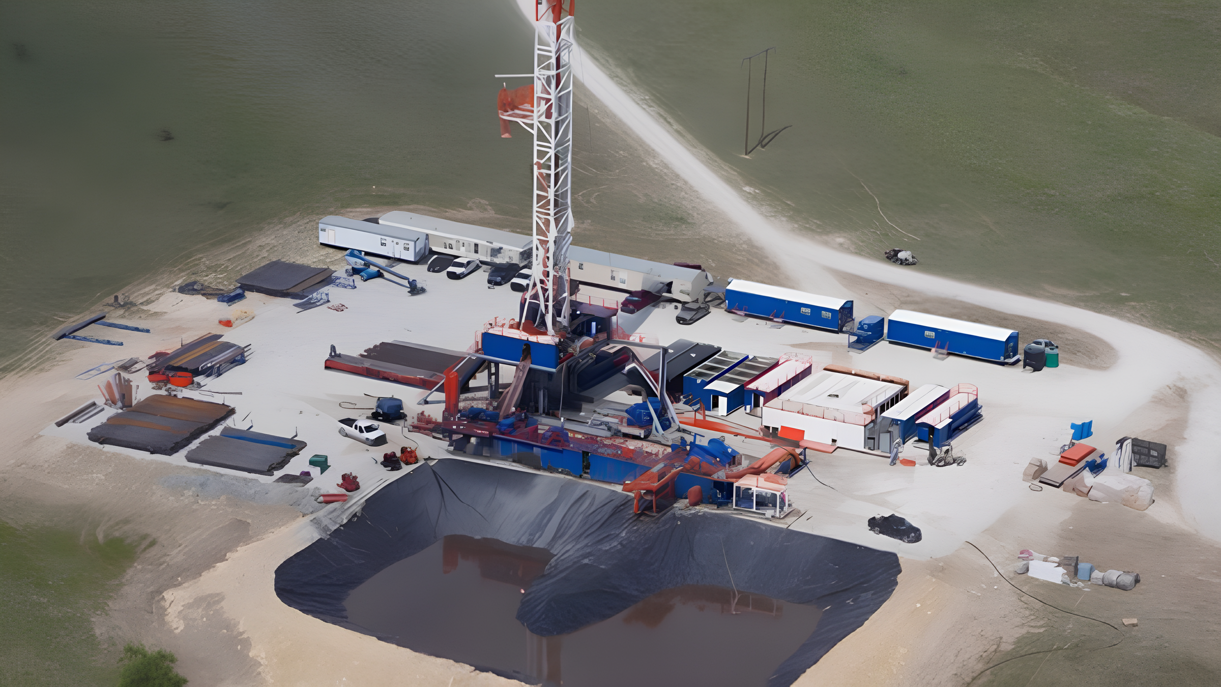 Aerial view of shale drilling site with water handling ponds, equipment, and onsite support units.