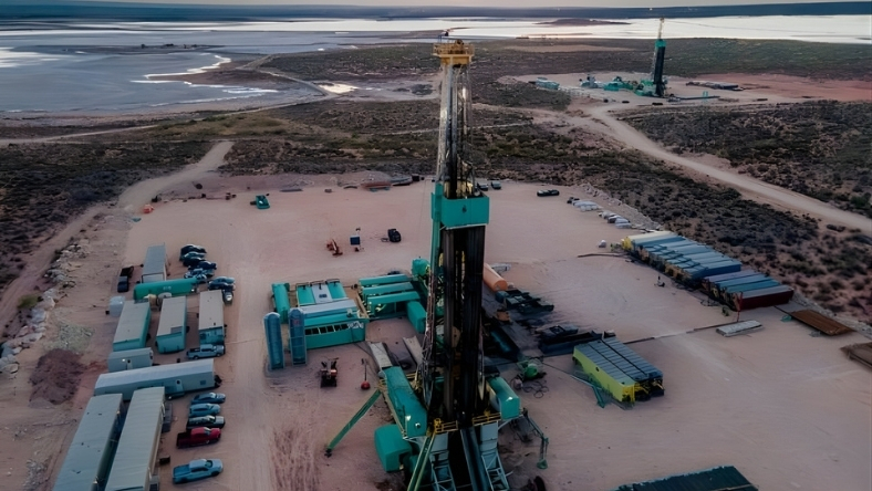 Aerial view of shale drilling site with produced water management infrastructure
