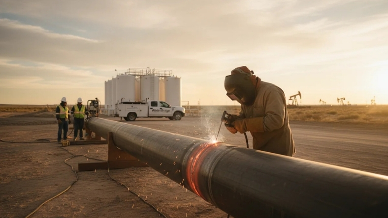Worker welding large produced water pipeline in Permian Basin